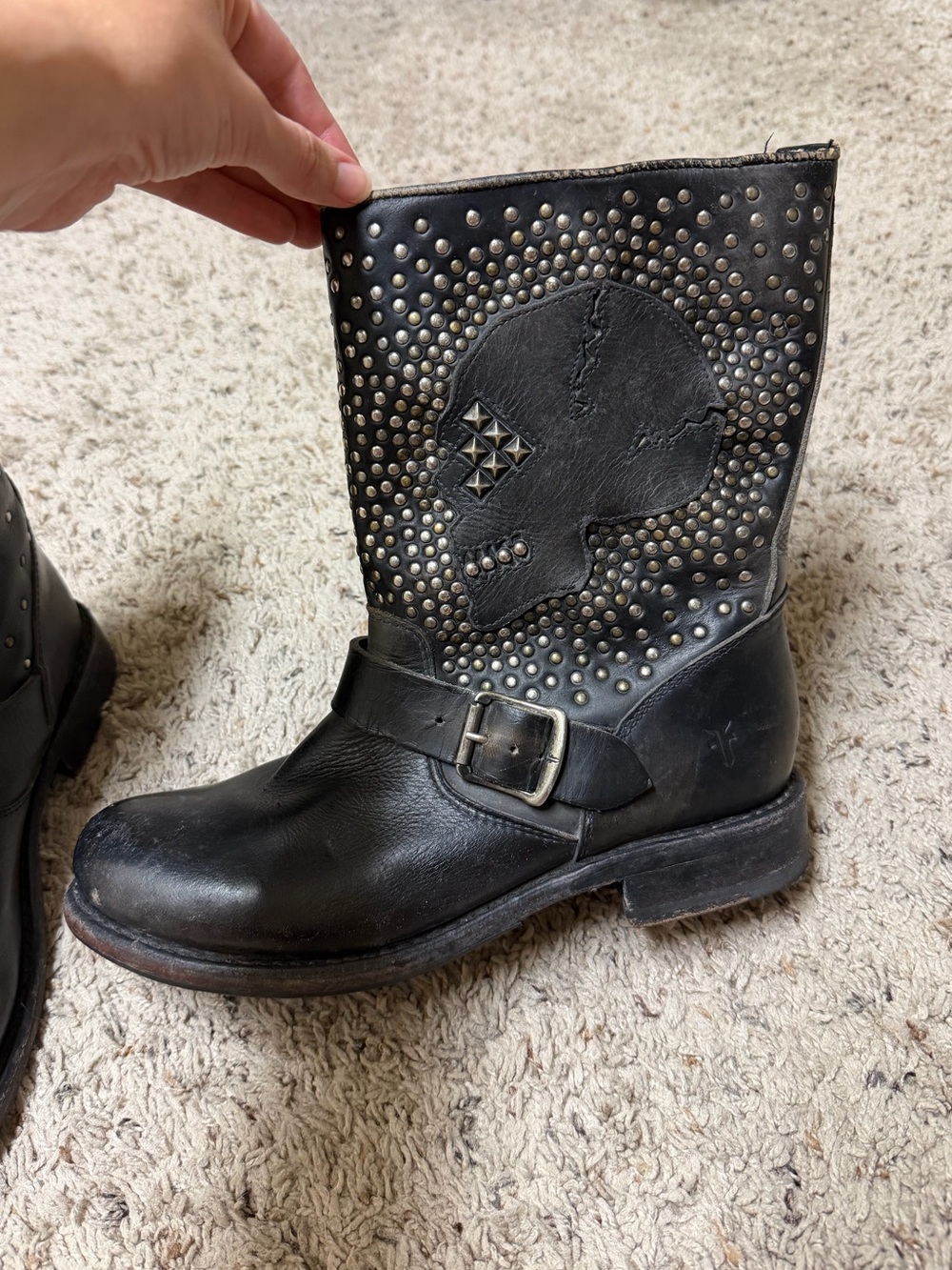 Frye Black Leather Studded Skull Boots - Picture 4 of 9